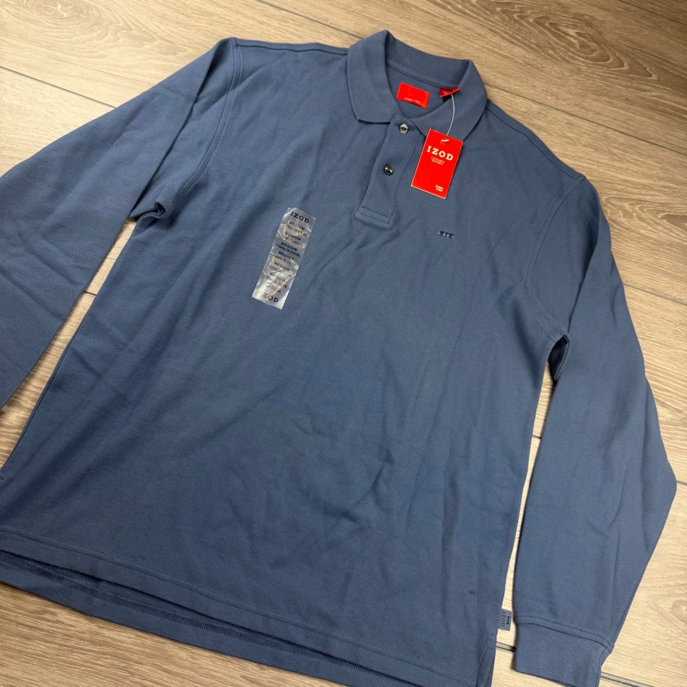 IZOD Mens Polo Shirt Long Sleeve Double Pique Blue Medium
